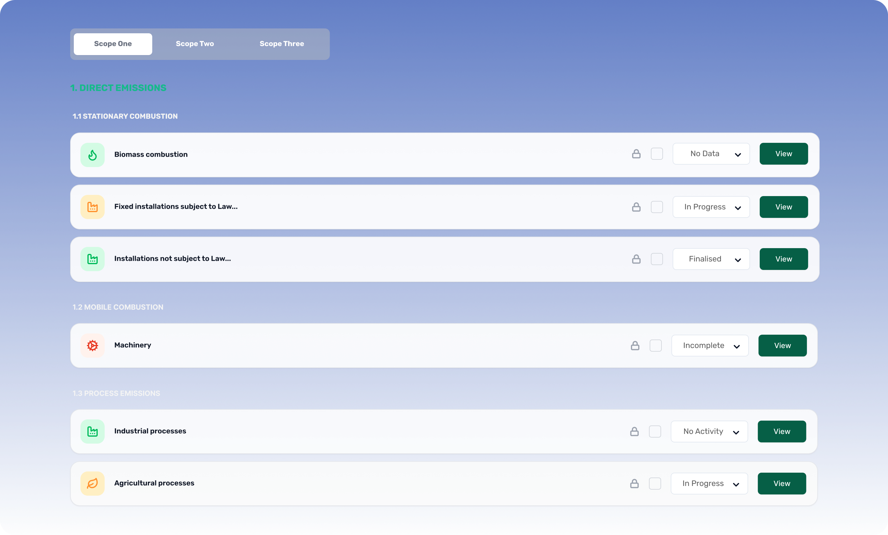 Blue Sidebar showing List of Emission Forms